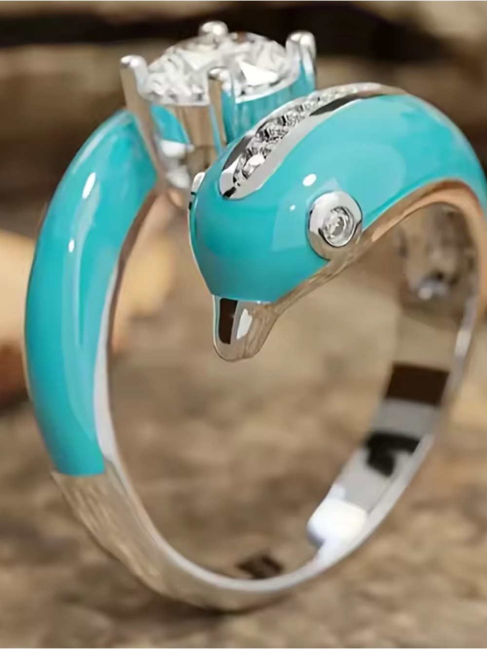 Anthropologie Turquoise Dolphin Ring with Clear Accent Stone
